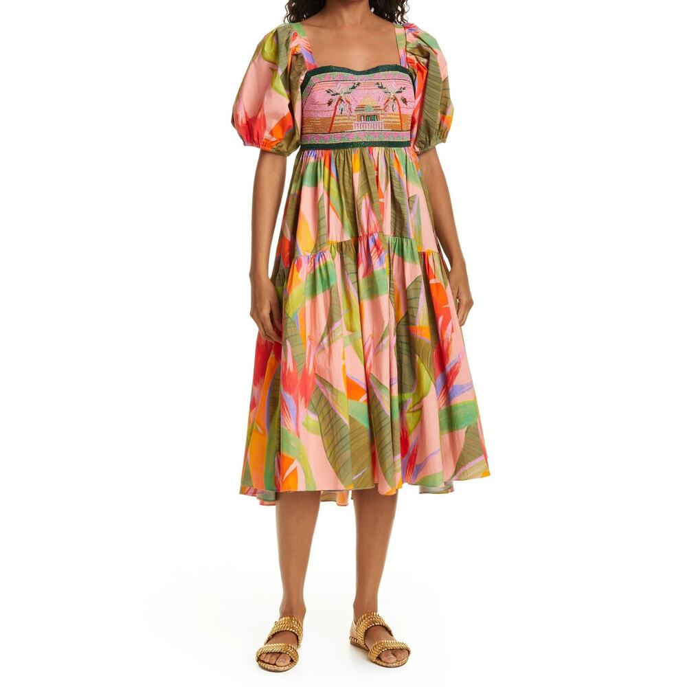 Farm Rio Embroidered Top Midi Dress in Pink Garden - M - Picture 2 of 6